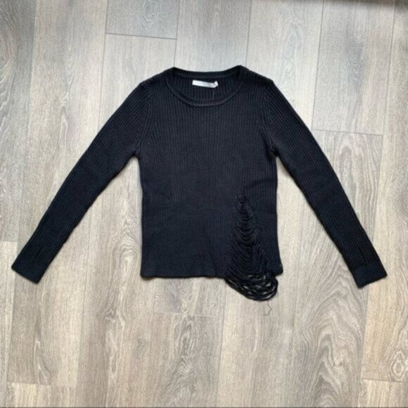 Anthropologie One Grey Day Robert Sweater Cropped Shredded Knit Crewneck Black - Picture 6 of 16